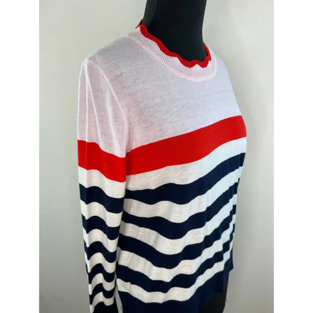 J. Crew Pink Red Blue Cotton Wool Scallop Trimmed Striped Pullover Sweater Sz S